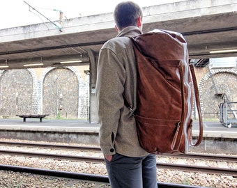 Grand Sac de voyage en cuir de buffle pour homme portable sur le dos