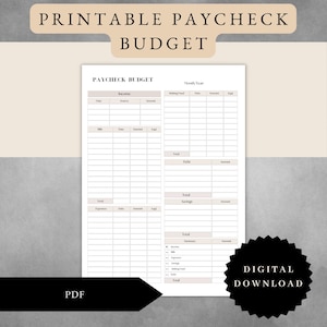 May include: Printable Paycheck Budget worksheet with sections for income, bills, expenses, savings, debt, and a summary. The worksheet is in black and white with a light brown background.