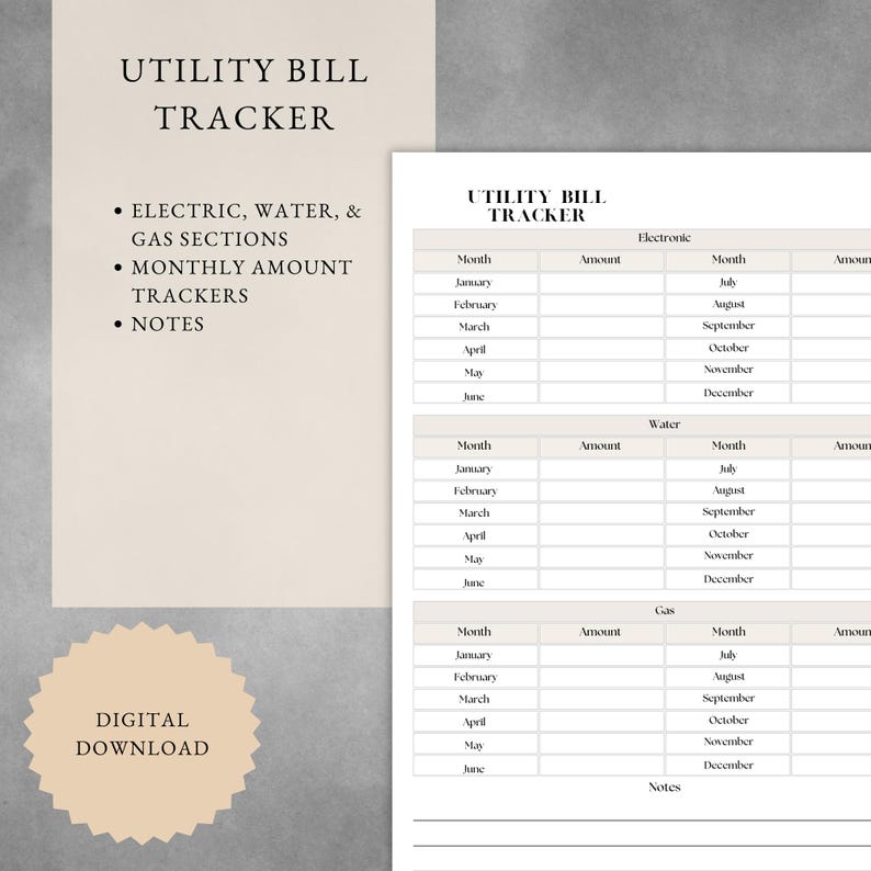 Utilities Ledger Printable Utility Bill Trackers | Monthly, Electric, Water, Gas ...
