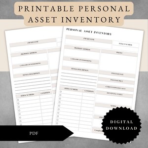 May include: Printable personal asset inventory form with sections for owner name, property address, category of possessions, items description, serial numbers, condition, purchase date, purchase price, current estimated value, identifying marks, and notes.