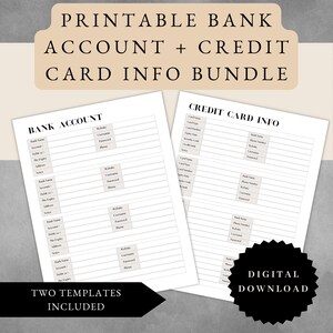 Bankkonto + Kreditkarte Infor Bundle | Planer Einlage |  Journal Einleger | Minimalistisch | PDF-Download