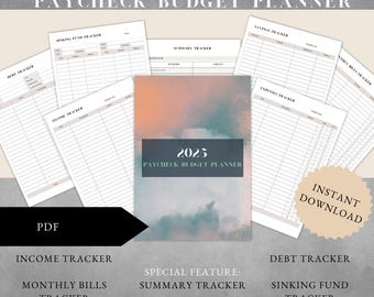 Op de afbeelding: Een printbare budgetplanner voor 2025 met een roze en blauwe aquarel achtergrond. De planner bevat pagina's voor inkomsten, uitgaven, besparingen, schulden en spaarfondsen. Hij bevat ook een samenvattingspagina.