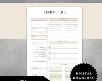 Recipe Card PDF | Journal Insert | Planner Insert | Print Download | PDF Download |Planner PDF