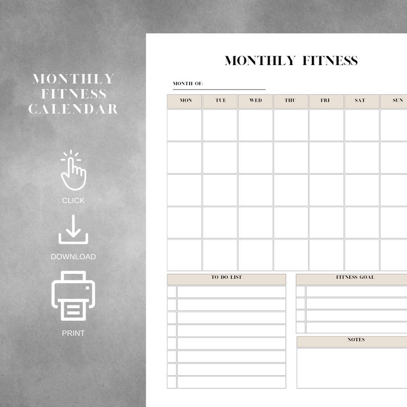 Monthly Fitness Calendar | Printable Fitness Planner | Weekly Exercise ...