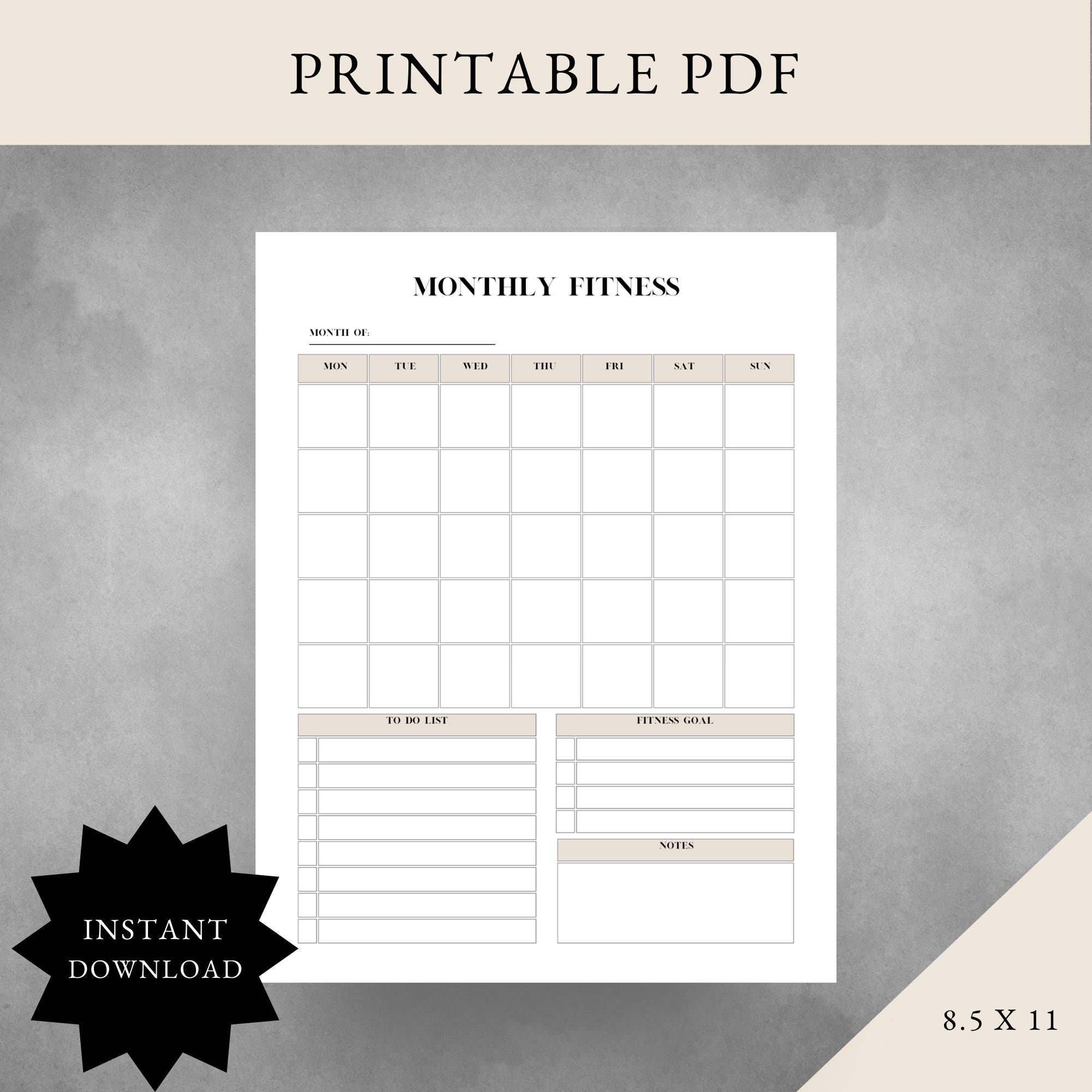 Monthly Fitness Calendar | Printable Fitness Planner | Weekly Exercise ...
