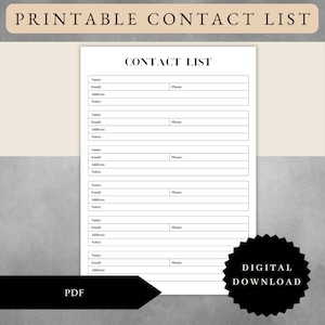 Business / Work Contacts Printable & Fillable Template PDF, Instant Download