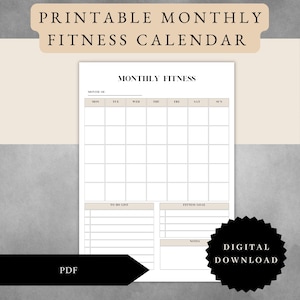 May include: Printable monthly fitness calendar with a blank calendar grid, to do list, fitness goal section, and notes section. The calendar is designed for tracking fitness goals and progress.