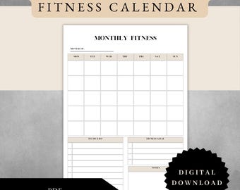 May include: Printable monthly fitness calendar with a blank calendar grid, to do list, fitness goal section, and notes section. The calendar is designed for tracking fitness goals and progress.