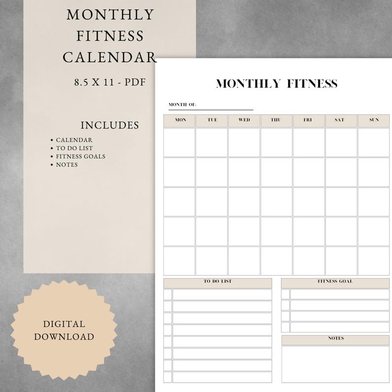 Monthly Fitness Calendar | Printable Fitness Planner | Weekly Exercise ...