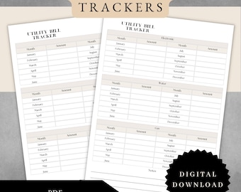 Printable Utility Bill Trackers | Monthly, Electric, Water, Gas Expenses | Budget Organizer | Household Finance Management PDF
