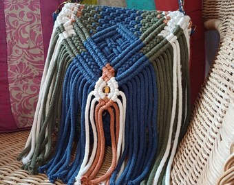 Bolso Boho Chic Macramé Bandolera 4 colores Jeans color plastrón Glass Bead - 100% Algodón Reciclado & Oeko-tex - Hecho a mano por mí