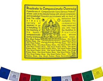 Grands Drapeaux de prière tibétains, 10 drapeaux tibétains de 20 x 20 cm sur cordon de 2m10, Chenrezig Bouddha de la compassion Méditation