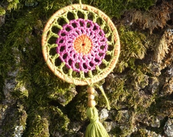 Petit Attrape-rêves Evolution, Modèle 1 au Crochet, diamètre 10 cm, Coton Oeko-tex, Fait Main en France par mes soins