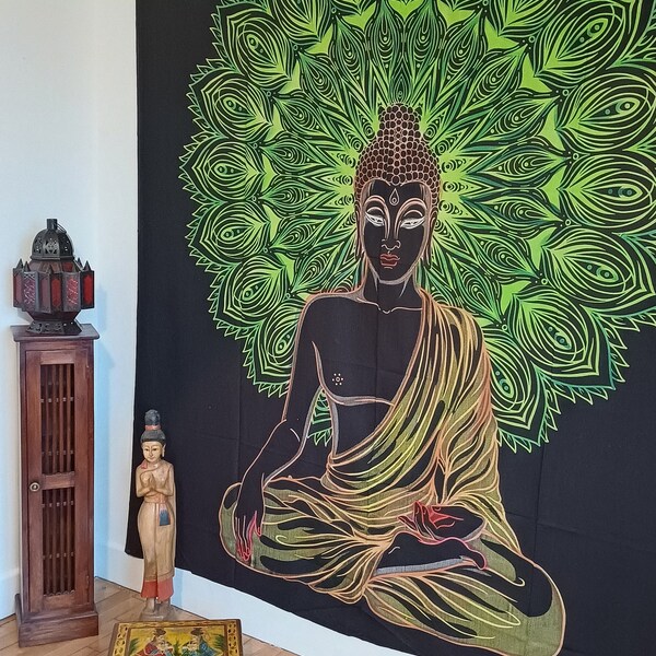 Tenture murale Bouddha Mandala vert, dimensions 220 x 240 cm, 100% Coton, Tapisserie Jeté de lit  Couvre lit Décoration zen