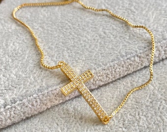 14K Gold Cross Bracelet | Dainty cross bracelet  | Religious Bracelet | Cross Christian Gift | Sideways Cross Necklace