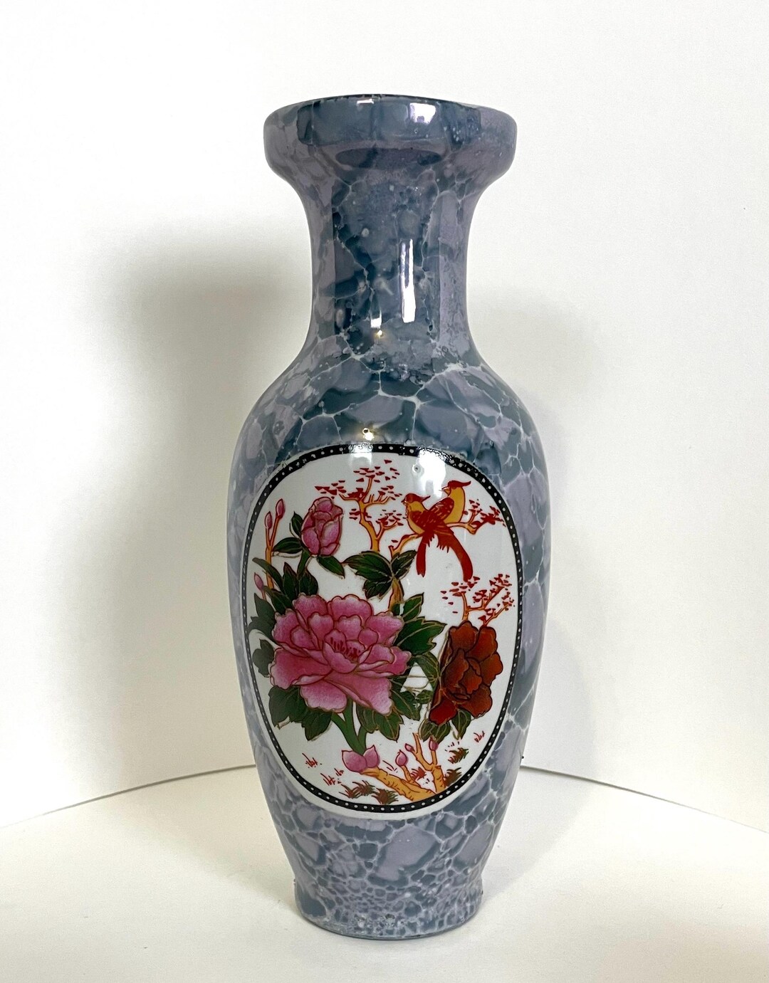 Vintage Blue Porcelain Vase - Bird and Floral Design - Etsy