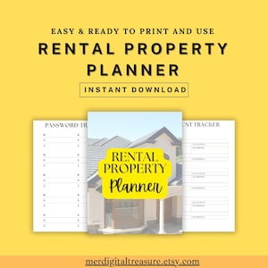 Puede incluir: Un planificador digital de propiedades de alquiler con un fondo amarillo. El planificador incluye una portada con una imagen de una casa y las palabras "Rental Property Planner". Las páginas adicionales incluyen un rastreador de contraseñas y un rastreador de cuentas. El texto "Easy & Ready to Print and Use" está en la parte superior.