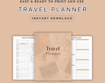 May include: Printable travel planner with a beige background featuring a world map, a camera, and a phone. The planner includes a daily itinerary and packing list.