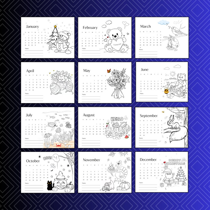 2024 Calendar Colouring Pages for Kids, Printable 12 Month Coloring