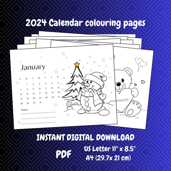 2024 Calendar colouring pages for kids, Printable 12 month coloring calendar