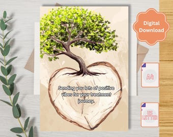 Kort för behandlingsresa med positiva vibbar, uppmuntrande kort för cancer och skolios, krya på dig-kort för läkning, digital nedladdning, PDF A4/US Letter