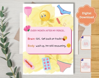 Stödkort för mensvärk | Utskrivbart kort för tjejen som kommer tillbaka på rätt spår | Kort för menstöd | Digital uppmuntran, nedladdning i PDF-format (A4/US Letter)