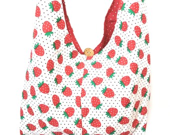 Strawberry polka dot reversible hobo bag with extra long strap, extra large boho red and white crossbody sack bag