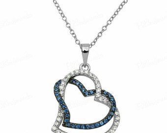 1.50 Ct Round Cut Moissanite and Blue Sapphire Dabble Heart Pendant 14K Two Tone Gold Finish - Free Chain- Woman's Special Gift For her