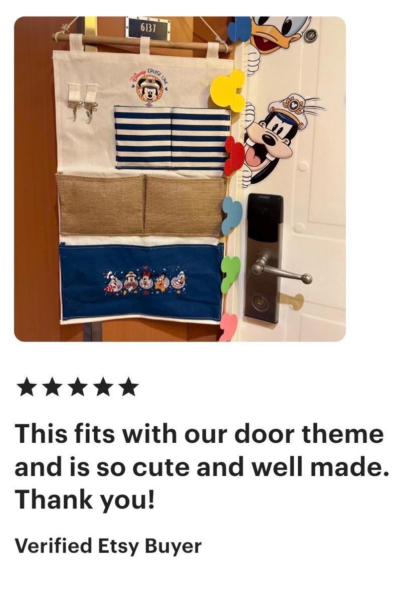 May include: A hanging organizer with multiple pockets. The top section has a Disney Cruise Line logo and two small hooks. Below are sections with blue and white stripes, two tan pockets, and a blue embroidered section with Disney characters. The door has Disney character stickers.