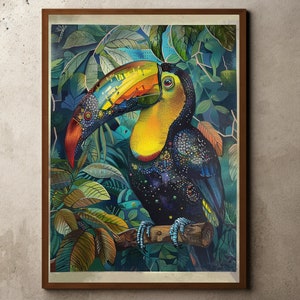 Vintage Toucan Drawing, Tropical Jungle Print, Colorful Exotic Bird, Toucan Illustration, Naturalist Wall Art, Jungel Wall Art Decor Art