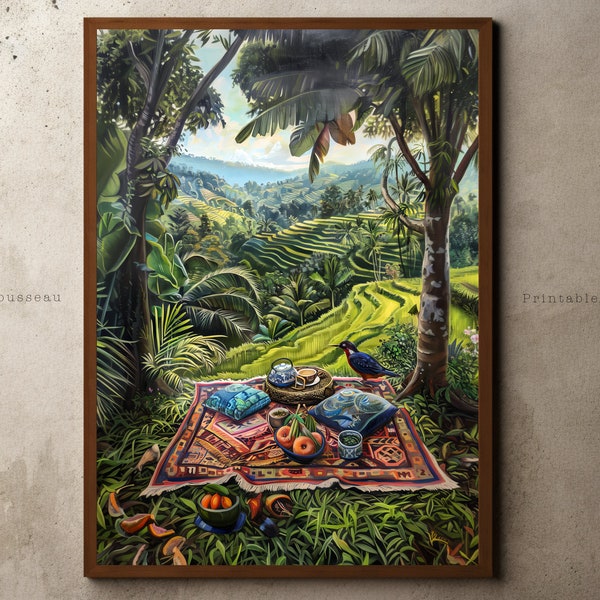 Vintage Landscape Painting, Adventure Expedition Wall Art, British Colonial Style, Tropical Decor, Picnic, Rice Paddy Print, Bali Art Print