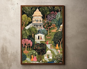 Indische Miniatur Kunstdruck | Serene Forest Tempelszene | Rajasthani Mughal Malerei | Hinduistische spirituelle Wanddekoration | Natur & Wildtiere Kunst