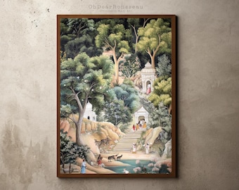 Indische Miniatur Kunstdruck | Serene Forest Tempelszene | Rajasthani Mughal Malerei | Hinduistische spirituelle Wanddekoration | Natur & Wildtiere Kunst
