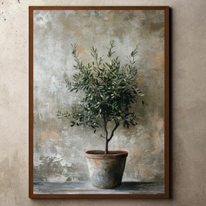 Vintage Olivenbaum Gemälde, rustikale Bauernhaus Druck, Blumen Stillleben, Botanische Ölgemälde, Antike Olivenbaum im Vasendruck, Olivenglas