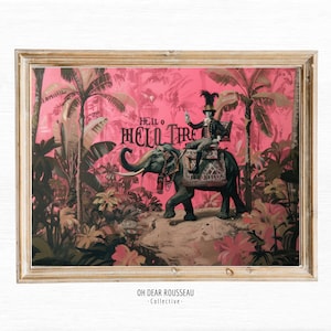 Cartolina coloniale antica vintage, arte della parete con stampa di elefante della giungla, stampa di viaggio storico, stile coloniale britannico, arredamento botanico e tropicale