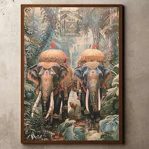 carte postale coloniale antique vintage, art mural imprimé éléphant de la jungle, impression de voyage patrimoniale, style colonial britannique, botanique, décor tropical