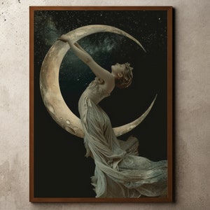 Vintage Moody Painting, Dark Academia Decor, Crescent Moon & Stars Painting, Rustic Farmhouse Print, Celestial Night Sky Art, Antique Print