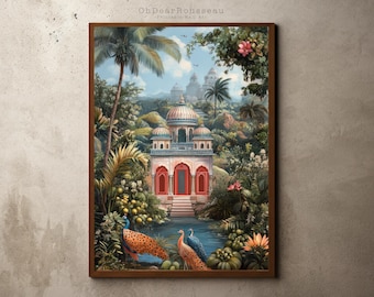 Indische Miniatur Art Print - Serene Wald Tempel Szene, Rajasthani Mughal Malerei, Hindu spirituelle Wanddekoration, Natur & Wildtiere Kunstwerk