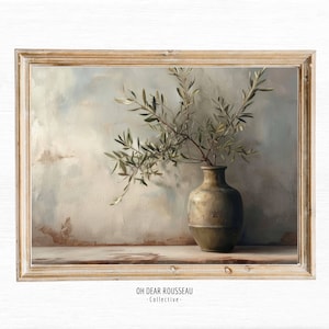 Pintura de olivo vintage, estampado rústico de granja, bodegones de flores, pintura al óleo botánica, olivo antiguo en estampado de jarrón envejecido