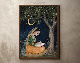 Rajasthani Prinzessin Kunstdruck | Mughal-inspirierte Nachtmalerei | Elegante feminine Wanddekor | Mystisches, indisches Kunstwerk für Zuhause
