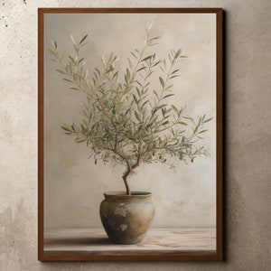 Pintura de olivo vintage, estampado rústico de granja, bodegones de flores, pintura al óleo botánica, olivo antiguo en estampado de jarrón envejecido