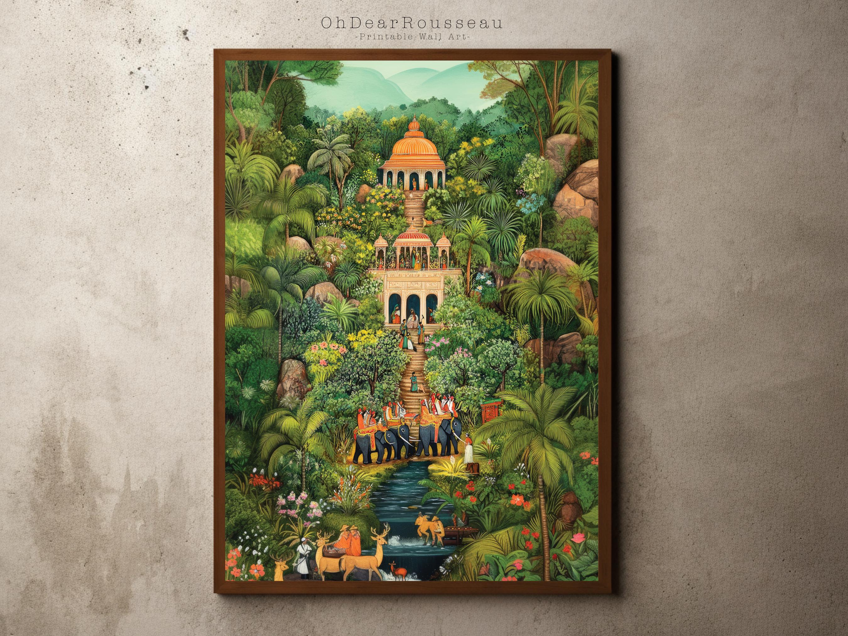 Indische Miniatur Kunstdruck | Serene Forest Tempelszene | Rajasthani Mughal Malerei | Hinduistische spirituelle Wanddekoration | Natur & Wildtiere Kunst