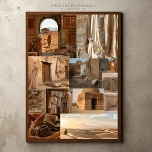 Collage di foto vintage Mood Board Paesaggio desertico, stile coloniale britannico, arte della parete di carta da parati Boho minimale neutra, stampa di architettura