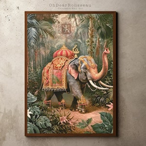 Cartão postal colonial antigo vintage, arte de parede com impressão de elefante da selva, impressão de viagem histórica, estilo colonial britânico, botânico, decoração tropical