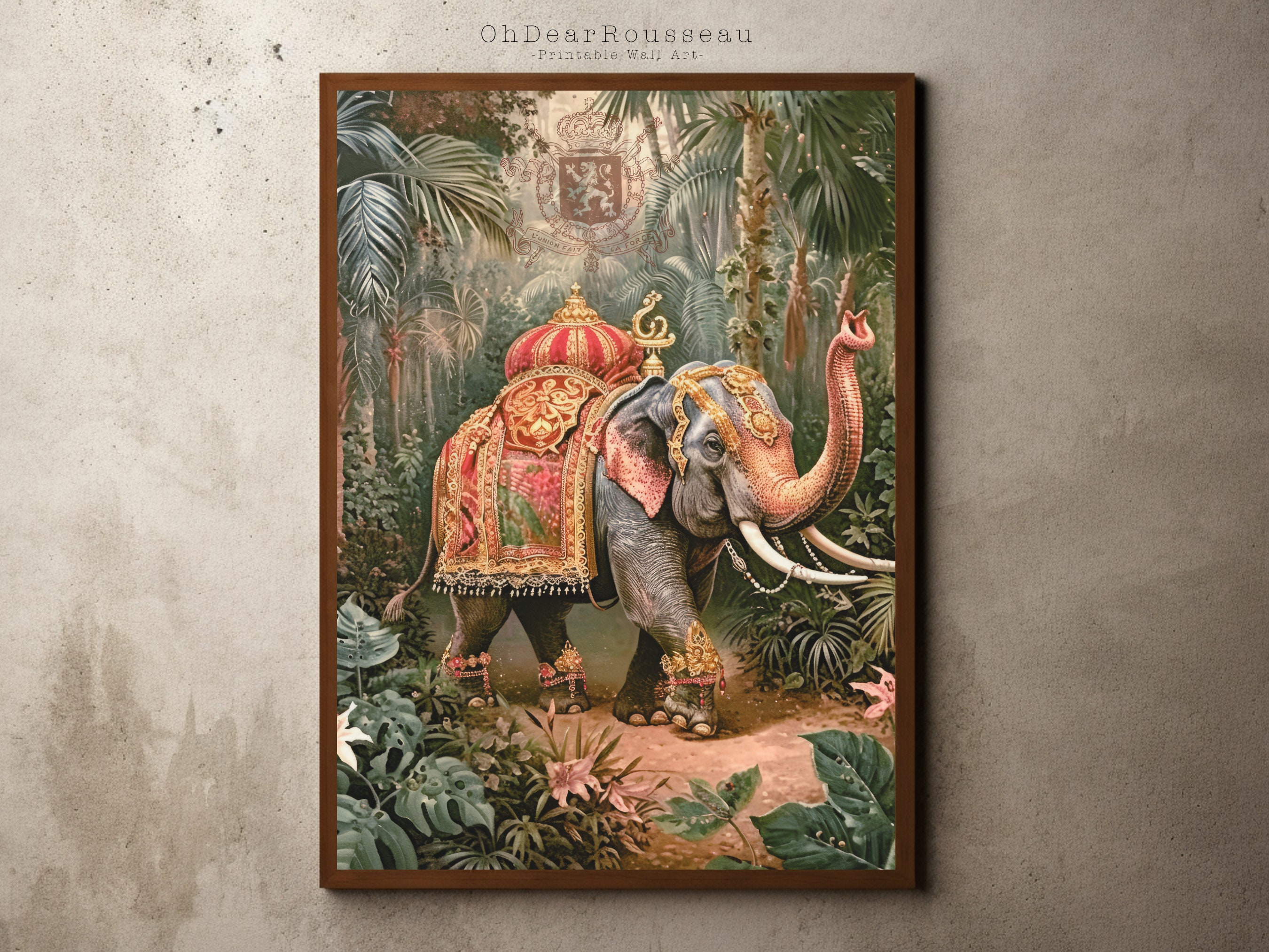Vintage antike Kolonialpostkarte, Dschungel-Elefant-Druck Wandkunst, Erbs-Reise-Druck, britischer Kolonialstil, botanisches, tropisches Dekor
