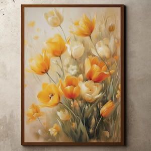 Vintage Tulip Flower Painting, Botanical Art, Warm Neutral Decor, Floral Wall Art, Flowers Still Life, Tulips Flower Art Print, Farmhouse