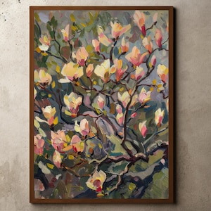 Vintage Magnolia Flower Painting, Rustic Antique Farmhouse Print, Flowers Still Life, Magnolia Sketch, Magnolia Art, Antique Magnolia Print