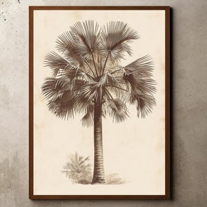 Vintage Palm Tree Drawing, Rustic Antique Farmhouse Print, Flowers Still Life, Botanical Sketch, Palm Tree Etching, Antique Palm Tree Print