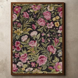Vintage Floral Drawing, Floral Art Pattern, Vintage Rustic Textile Pattern Wall Art, Antique Tapestry Wall Art, William Morris Print Poster