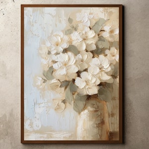Vintage Blumen-Ölgemälde-Zeichnung, weiße Hortensien gedämpfter Druck, Blumenwandkunst, Blumen-Stillleben, antike Hortensien, Bauernhausdekor